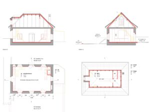 architectural plans with different views of the wash house