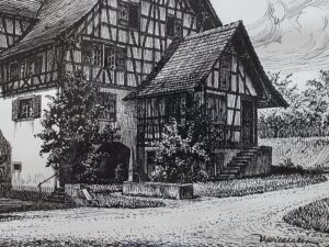 Zeichnung des Fachwerkhauses «Alte Trotte» mit Brunnen davor